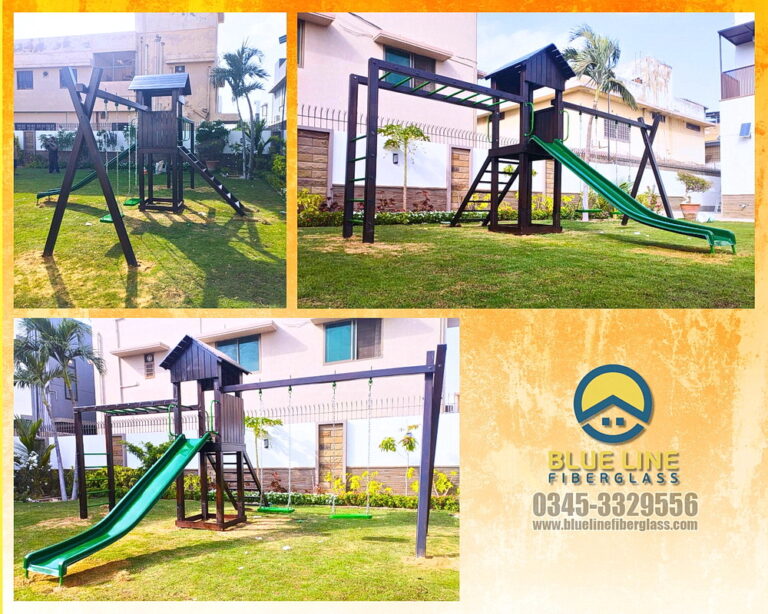 Wooden Jungle Gym Tree House Swing Slide Climber playground Blue Line Fiberglass Karachi Pakistan