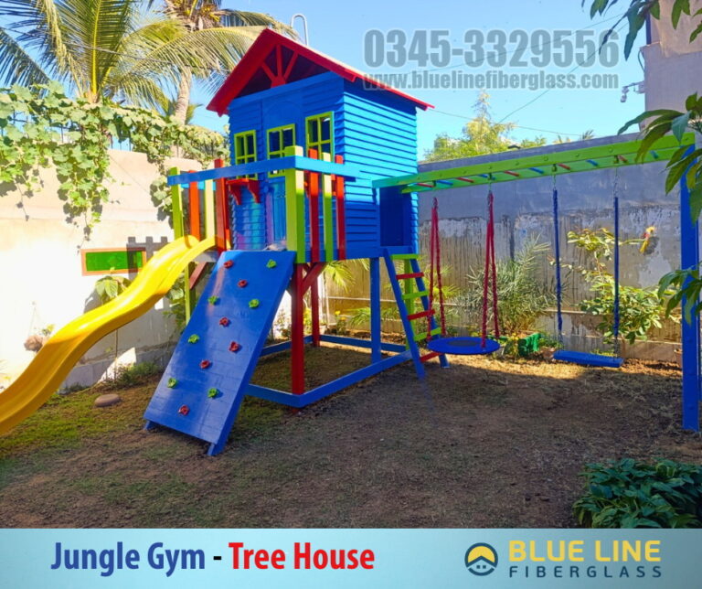 Colorful Playground Wooden Jungle Gym Tree House Swing Slide Climber Blue Line Fiberglass Karachi Pakistan