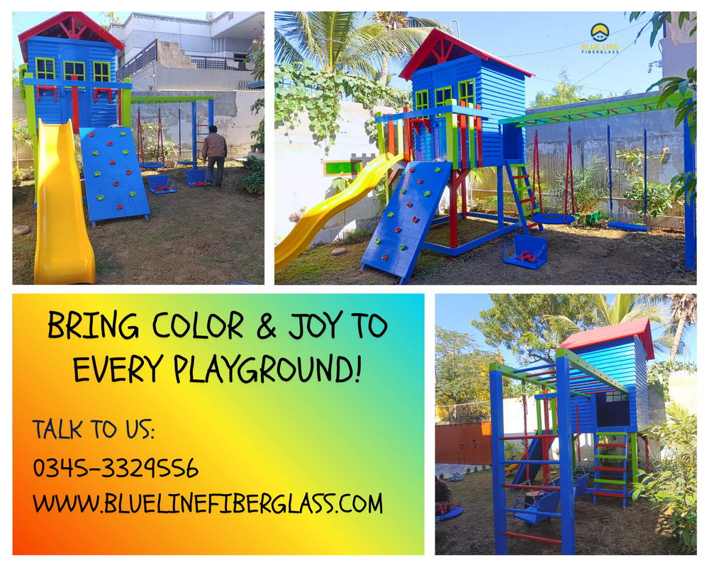 Colorful Playground Wooden Jungle Gym Tree House Swing Slide Climber Blue Line Fiberglass Karachi Pakistan
