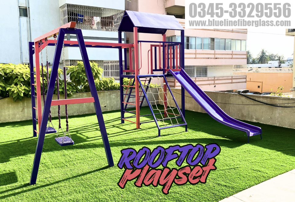 Rooftop playground equipments swing and slide climber monkey bar Blue Line Fiberglass Karachi Pakistan