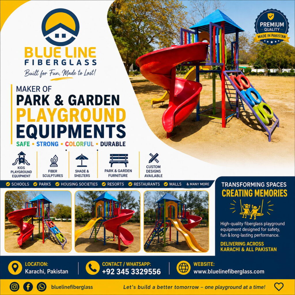 Kids playground equipment in Karachi by Blue Line Fiberglass featuring a colorful multiplay unit with spiral slide, straight slide, tire climber and climbing ladder for schools, parks and housing societies in Pakistan.