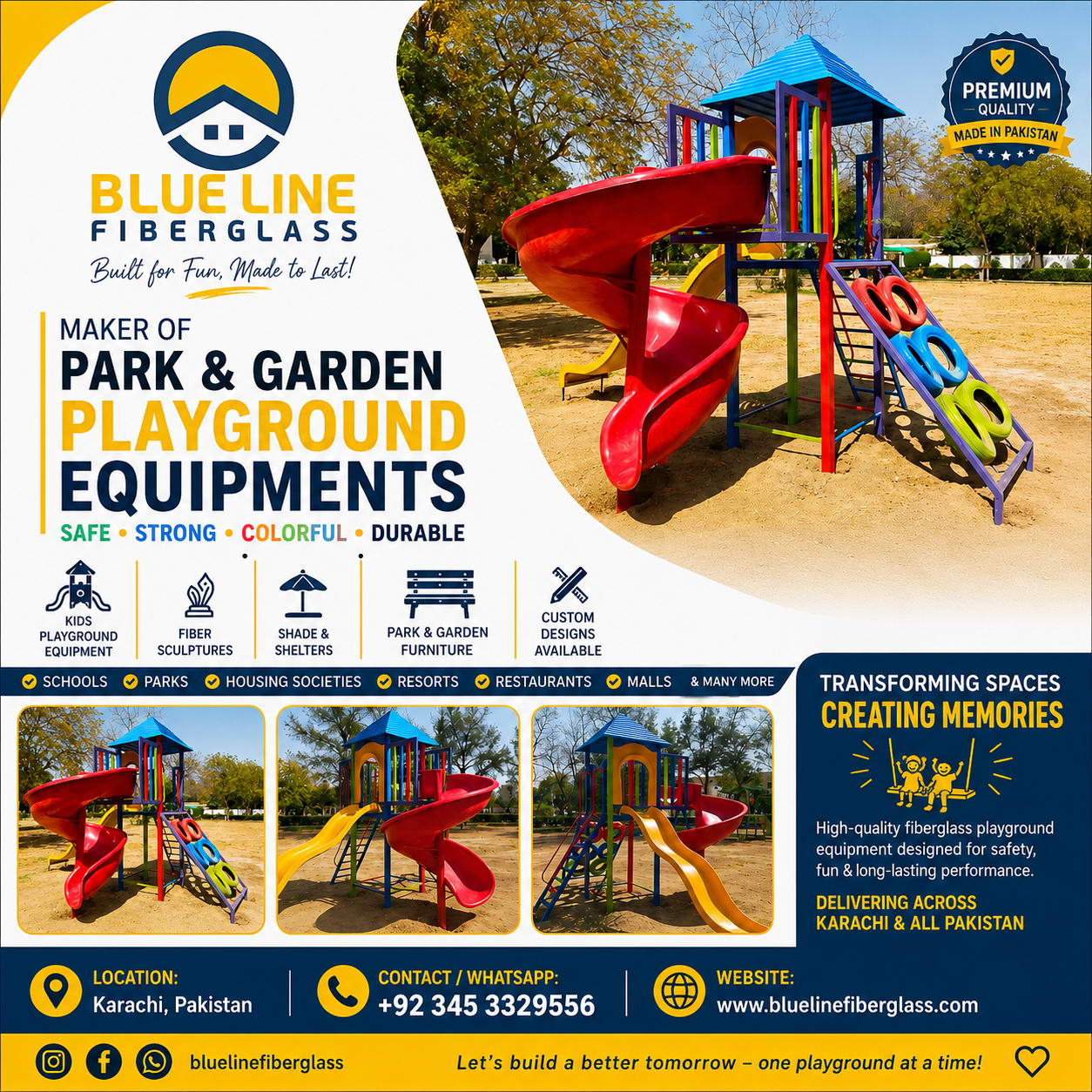 Kids playground equipment in Karachi by Blue Line Fiberglass featuring a colorful multiplay unit with spiral slide, straight slide, tire climber and climbing ladder for schools, parks and housing societies in Pakistan.