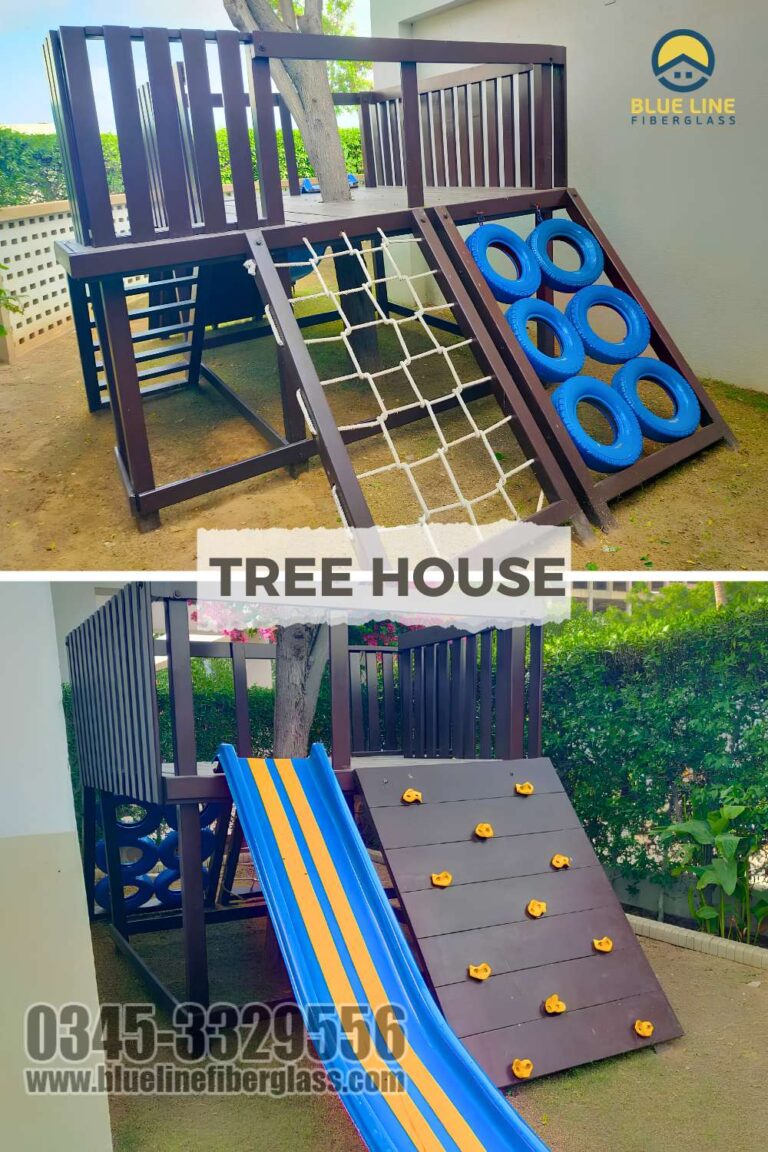 Tree House with Slide and Climbers Playground Equipment Blue Line Fiberglass Karachi